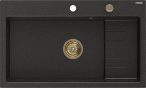 Mexen Omar, 1-komorový granitový drez 800x480x210 mm, čierna-zlatá metalíza, zlatý sifón, 6520801005-75-G