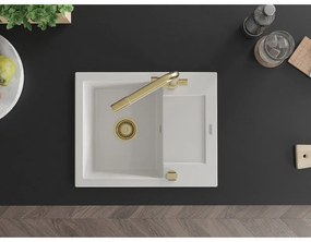 Mexen Enzo, granitový drez 576x465x174 mm, 1-komorový, zlatá lesklá batéria Duero, biela, 6506-20-671600-50