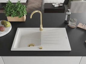 Mexen Cesar, granitový drez 775x470x190 mm, 1-komorový, biela so zlatým sifónom, 6514771010-20-G