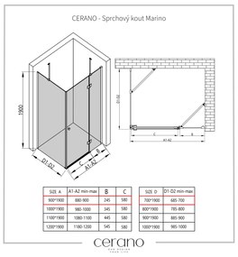 Cerano Marino, sprchovací kút 90(dvere) x 70(stena) x 190 cm, 6mm číre sklo, čierny profil, CER-CER-422844