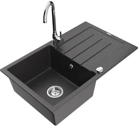 Mexen Bruno, 1-komorový granitový drez s odkvapkávačom 80x50 cm a kuchynskou batériou Telma, čierna-škvrnitá, 6513-76-670200-00