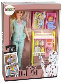 Lean Toys Bábika doktorka s bábätkom a doplnkami - v modrom oblečení