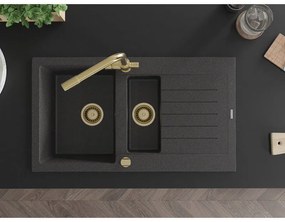 Mexen Matias, granitový drez 900x505x200 mm, 1,5-komorový a zlatá batéria Duero, čierna škvrnitá, 6502-76-671600-50