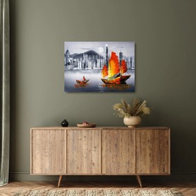 Sklenený obraz - Victoria Harbor, Hong Kong, čiernobiela olejomaľba (70x50 cm)