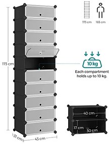 Stojan na topánky, plastový, 10 priehradiek, dvierkový systém, 173x43x31cm