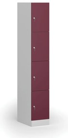 Šatníková skrinka S1 s úložnými boxmi, 4 boxy, 1850 x 300 x 500 mm, cylindrický zámok, červené dvere