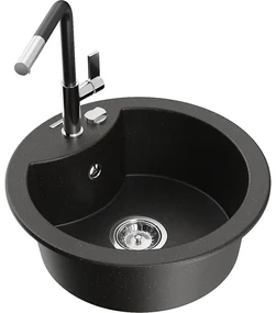 Mexen Diego, 1-komorový granitový drez 488x488x167 mm a drezová batéria Flora, čierna-zlatá metalíza, 6512-75-670401-07
