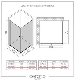 Cerano Antelo Duo, 2-krídlový sprchovací kút 100(dvere) x 90(dvere) x 190 cm, 6mm číre sklo, čierny profil, CER-CER-480403