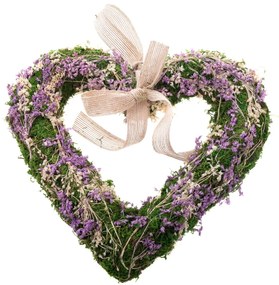 Závesné machové srdce so sušenými kvietkami, fialová, 25 x 3,5 cm