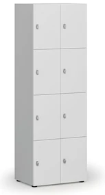 Drevená šatníková skrinka s úložnými boxmi, 8 boxov, otočný zámok, sivá/biela