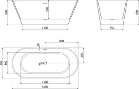 Mexen Flavia, voľne stojaca vaňa 160 x 75 cm, biela, brúsený grafit prepad, 54031608000-95