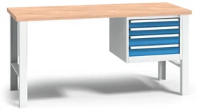 Výškovo nastaviteľný pracovný stôl do dielne WL so závesným boxom na náradie, buková škárovka, 4 zásuvky, 1700 x 685 x 840 - 1050 mm