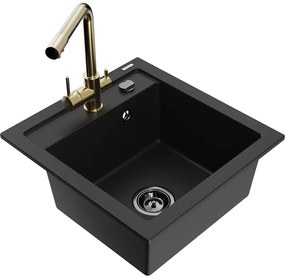 Mexen Vito, 1-komorový granitový drez 520x490x210 mm, zlatá batéria Duero, čierna, 6503-77-671600-50-B