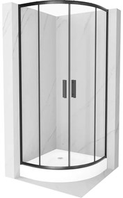 Mexen Rio, štvrťkruhový sprchovací kút s posuvnými dverami 80 x 80 cm, 6mm číre sklo, čierny profil + biela vysoká sprchová vanička Rio, 863-080-080-70-00-4710