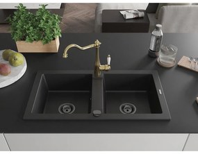 Mexen Mario, granitový drez 820x436x161 mm, 2-komorový a drezová batéria Carla, čierna, 6504-77-670700-50-B