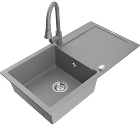 Mexen Leo, 1-komorový granitový drez 900x500x190 mm a drezová batéria Elia, šedá, 6501-71-670101-71