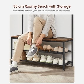 Stojan na kabáty so zrkadlom, háčikmi, lavicou a policami na topánky, rustikálny hnedý