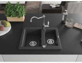 Mexen Carlos, granitový drez 582x475x177 mm, 1,5-komorový a drezová batéria Carla, čierna škvrnitá, 6518-76-670700-00