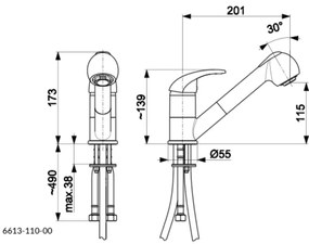 KFA Armatura 6613-110-81 - Drezová batéria s vyťah. sprškou INDIRA mosadz/čierna