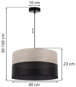 Závesné svietidlo Wood, 1x svetlobéžová dubová dýha/čierne PVC tienidlo, (fi 40cm)