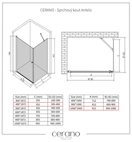 Cerano Antelo, 1-krídlový sprchovací kút 100(dvere) x 40(stena) x 190 cm, 6mm číre sklo, čierny profil, CER-CER-477245