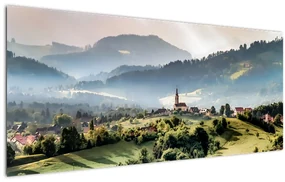 Obraz - dedinka v hmle (120x50 cm)