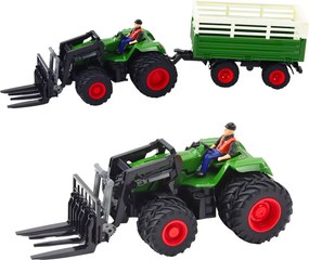LEAN Toys Poľnohospodársky traktor s prívesom a vidlicami, dvojité kolesá, diaľkovo ovládaný RC