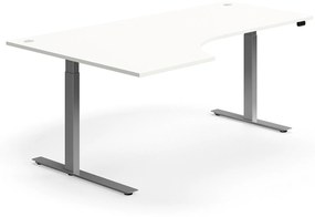 Výškovo nastaviteľný stôl FLEXUS, rohový, 2000x1200 mm, strieborný rám, biela