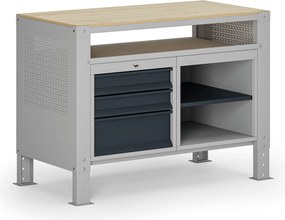 Dielenský stôl G9, 2 police, 3 zásuvky, výškovo nastaviteľný, 1180 x 595 x 715-975 mm, sivá/grafit