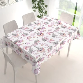 Biante Detský bavlnený obdĺžnikový obrus Sandra SA-464 Slony s fialovou dúhou na bielom 80x120 cm
