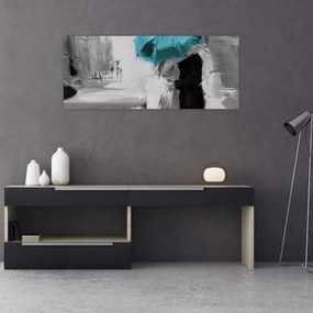 Obraz - Zamilovaný pár s dáždnikom, modrý (120x50 cm)