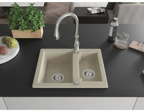 Mexen Carlos, 1,5-komorový granitový drez 582x475x177 mm a drezová batéria Savita, béžová, 6518-69-672601-00