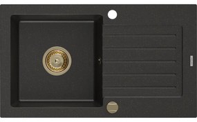 Mexen Pablo granitový jednokomorový drez s odkvapkávačom 752 x 436 mm, Čierna/Zlatá metalíza, Sifón Zlatá - 6510751010-75-G
