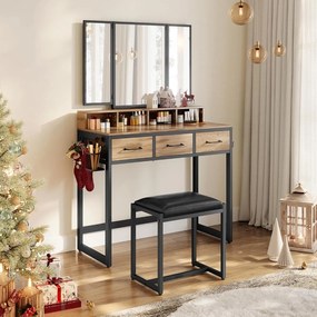 Toaletný stolík s čalúnenou stoličkou, 3 zásuvky, držiak na sušič vlasov, farba dub a čierna