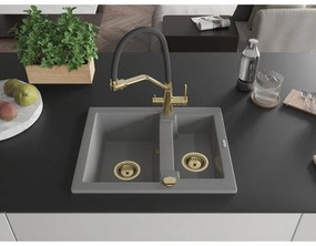 Mexen Carlos, 1,5-komorový granitový drez 582x475x177 mm a drezová batéria Duo, šedá, 6518-71-671701-57-G
