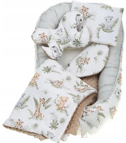 Obojstranné hniezdočko (kokon) pre bábätko - BABYMAM PREMIUM set 7v1 - Africké zvieratká s béžovou minkami