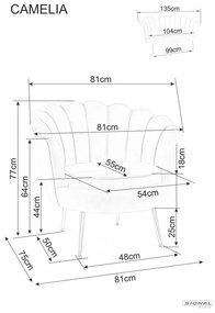 Signal CAMELLIA 1 VELVET kreslo ČIERNA BLUVEL 19/ZLATÁ