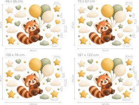Plyšová červená panda s balónmi hrdzavé a šalviové textilné nálepky na stenu pre dievčatká aj chlapcov arch 46 x 35 cm