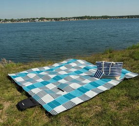 Pikniková deka v károvanom vzore 200 x 200 cm - modrá