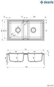 Deante Zorba, granitový drez 780x435x180 mm B/O, 3,5" + priestorovo úsporný sifón, 2-komorový, grafitová metalíza, ZQZ_G203