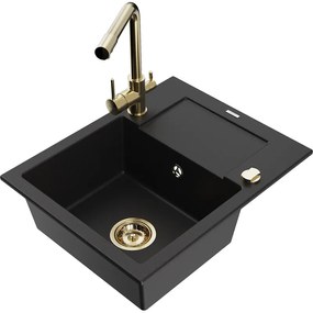 Mexen Enzo, granitový drez 576x465x174 mm, 1-komorový, zlatá lesklá batéria Duero, čierna, 6506-77-671600-50