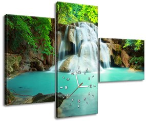 Gario Obraz s hodinami Vodopád v Thajsku - 3 dielny Rozmery: 90 x 30 cm
