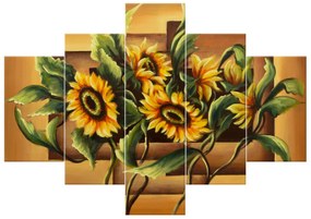 Gario Ručne maľovaný obraz Kompozícia Slnečnice - 5 dielny Rozmery: 100 x 70 cm