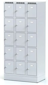 Alfa 3 Šatníková skrinka S6 na sokli s úložnými boxami, 15 boxov, 1920 x 900 x 500 mm, otočný zámok, sivé dvere