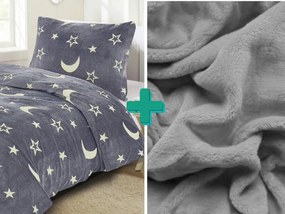 Svietiace obliečky mikroplyš BIG MOON sivé + plachta mikroplyš SOFT 90x200 cm svetlosivá