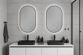 Erga Freya, oválne LED zrkadlo 40x80cm v čiernom kovovom ráme, 3 farby svetla, zadné osvetlenie, vyhrievacia podložka proti zapareniu, ERG-V01-FREYA-4080-BK
