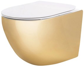 Rea Carlo Mini Tornado, závesná WC misa 490x355x350mm + toaletné sedadlo, biela-zlatá, REA-C6006