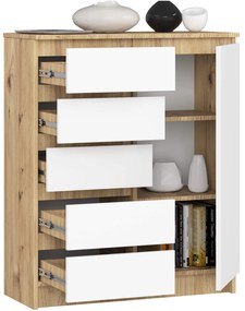 Komoda JERRY 80 cm 1 dveře 5 zásuvek bílá/dub artisan