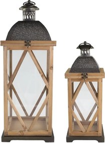 Set 2ks prírodný antik drevený lampáš Frencia - 24*24*67/ 17*17*46 cm