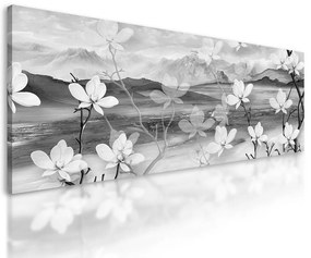 Obraz kvety s ľadovým pozadím v čiernobielom prevedení